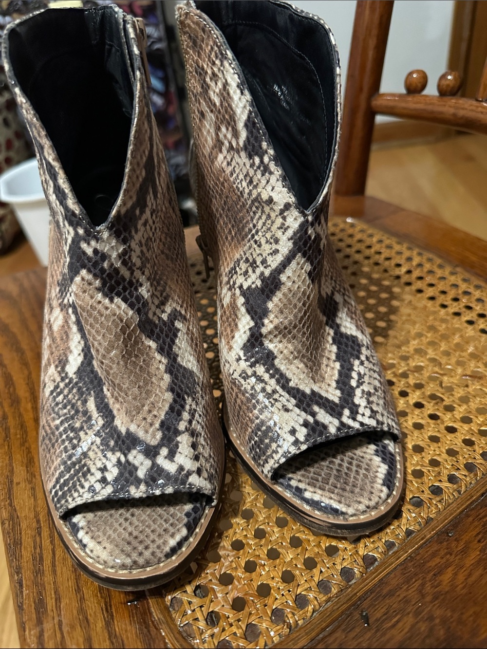 Jessica Simpson Snake-Print Peep-Toe Heeled Booties - Brown & Cream